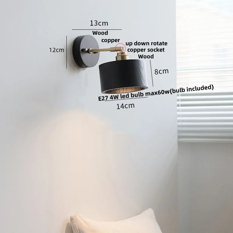 Wood Copper Wall Sconce Modern LED Fixture Bedside Lamp Bar Rotate Black