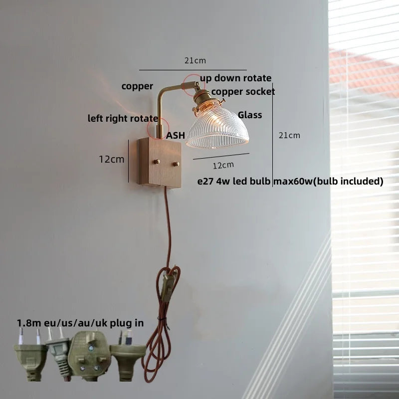 Walnut Wood LED Wall Sconce Glass Rotatable Stair Light Fixtures