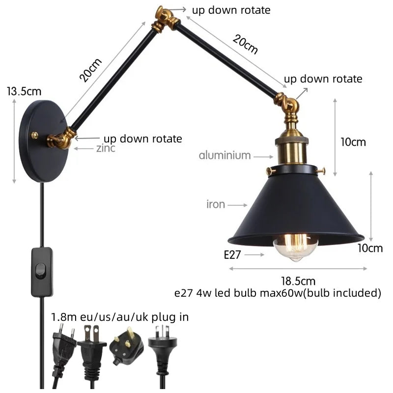 Afralia™ Gold Long Arm LED Wall Sconce with Pull Chain Switch