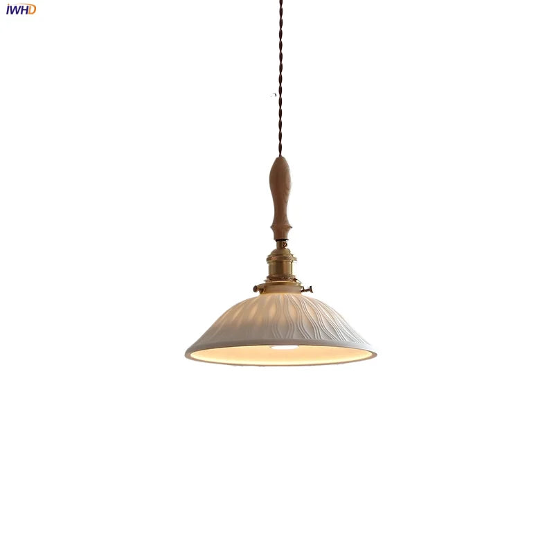 Adjustable LED Pendant Lights Ash Wood White Ceramic Modern Hanging Lamp