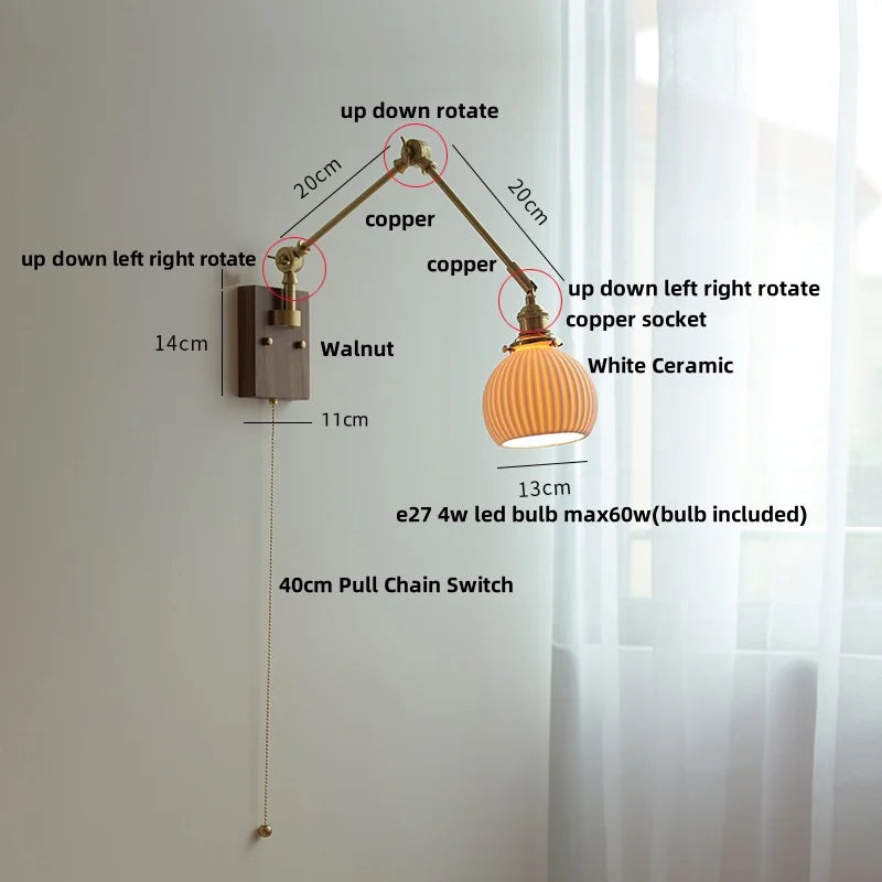 White Ceramic LED Wall Light Nordic Modern Copper Rotatable Bedside Lamp
