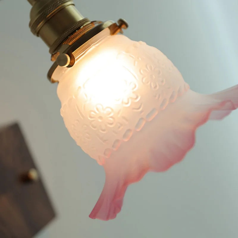 Afralia™ Glass Pink LED Wall Sconce, Pull Chain Switch, Walnut Wood Bedside Lamp