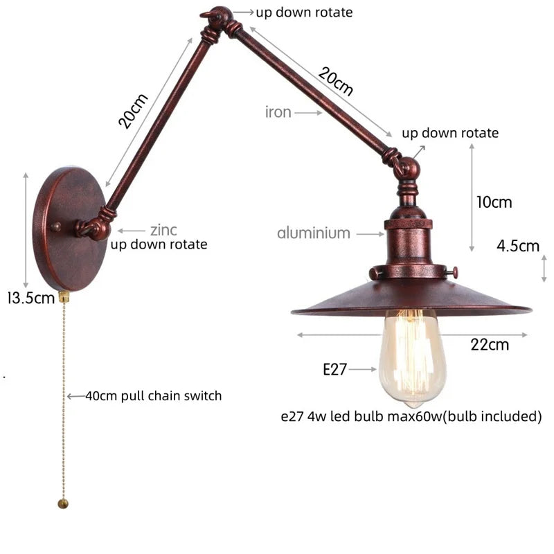 Vintage Industrial Long Arm Adjustable LED Wall Sconce Pull Chain Switch Bedside Lamp