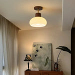 Pale Yellow Glass Wood LED Ceiling Lights Flush Mounted Round Nordic Modern