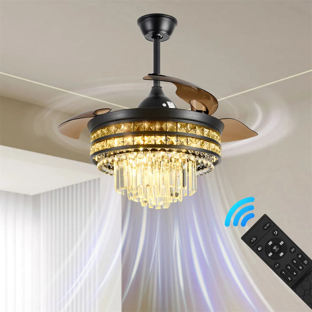Crystal Fandelier Ceiling Fan with Retractable Chandelier & Invisible Blades