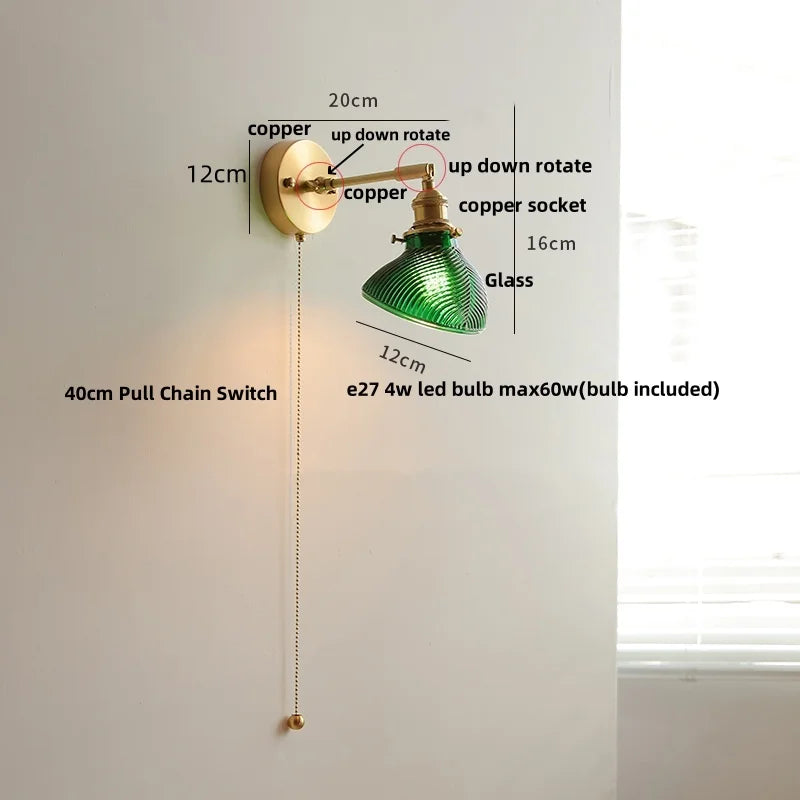 Modern Brass Glass Wall Light with Swing Arms & Pull Chain Switch