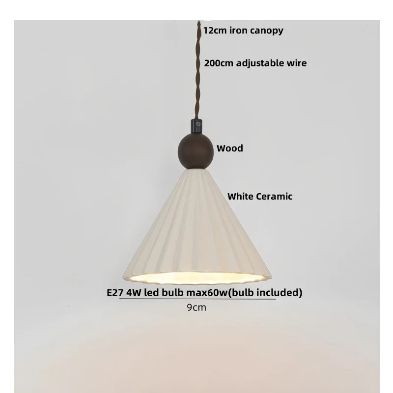 Afralia™ Minimalist LED Pendant Lamp White Ceramic Wood Hanging Light