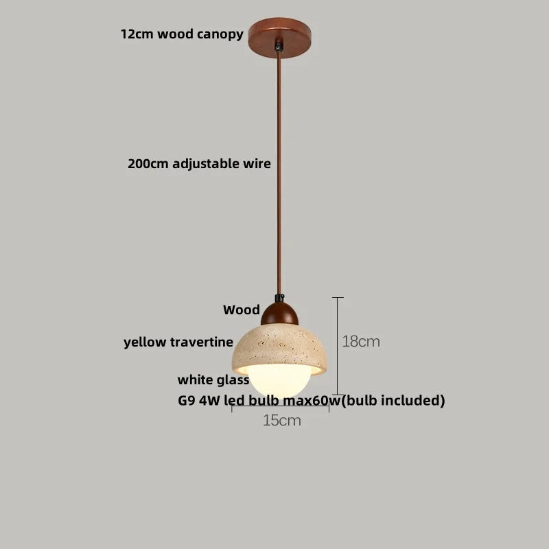 Yellow Travertine Wood Canopy Pendant Lights - Japanese Style Adjustable Globe LED Hang Lamp