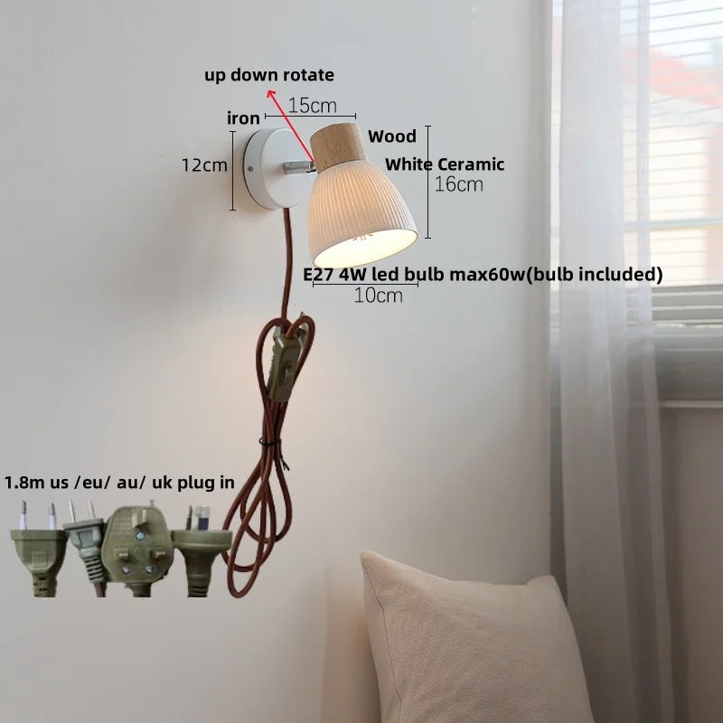 Afralia™ White Ceramic LED Wall Light with Pull Chain Switch and Wood Base