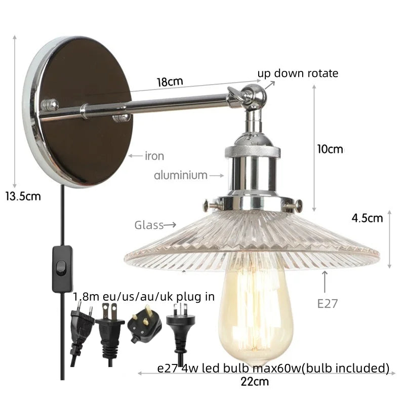 Industrial Loft LED Wall Lights for Bedroom, Plug In Stairs Lamp