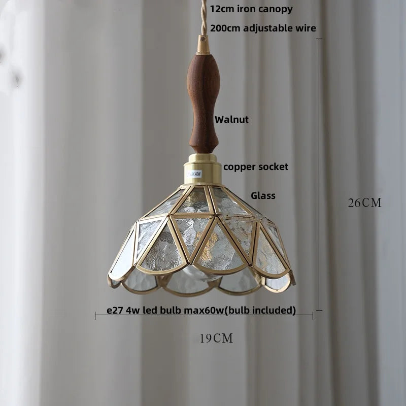 Walnut Wood & Copper Glass Pendant Light Fixture, LED Dining Room Luminaire