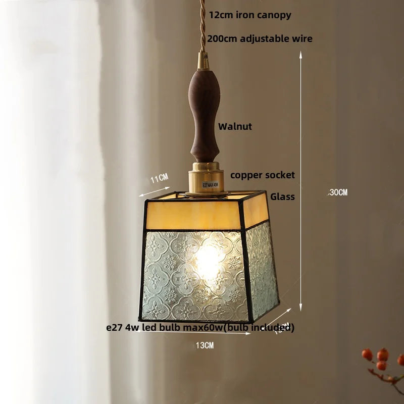 Walnut Wood LED Pendant Lamp with Cyan Glass Shade
