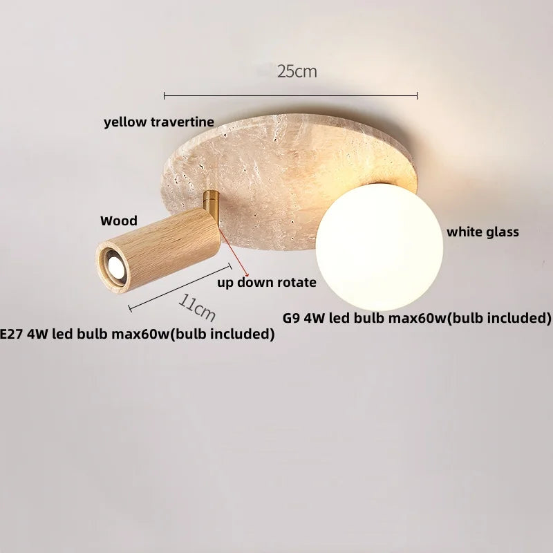 Yellow Travertine LED Ceiling Light with Wood Base Flush Mount Fixture