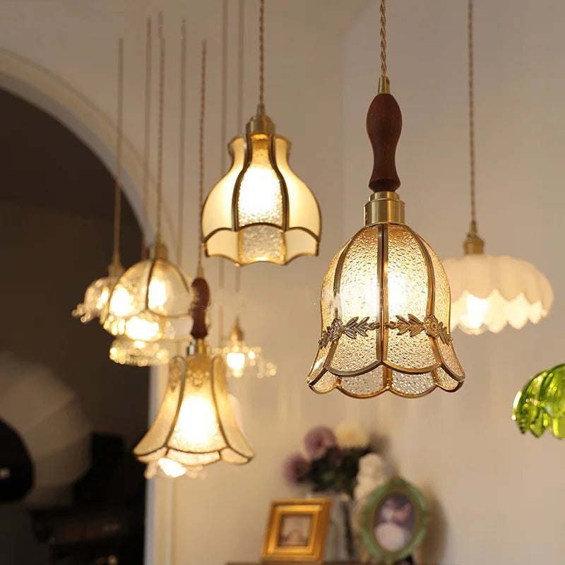 Walnut Wood & Copper Glass Pendant Light Fixture, LED Dining Room Luminaire
