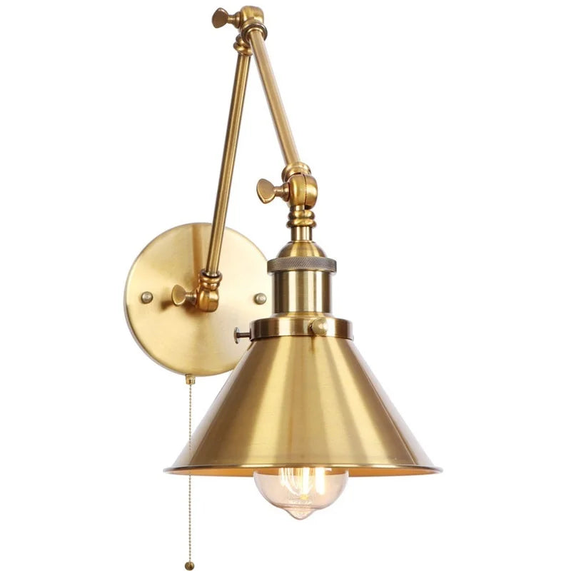 Gold Long Arm LED Wall Sconce with Pull Chain Switch, Adjustable Industrial Bedside Lamp