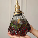 Walnut Wood LED Pendant Light Fixture Wine Red Glass Vintage Brass Hang Lamp