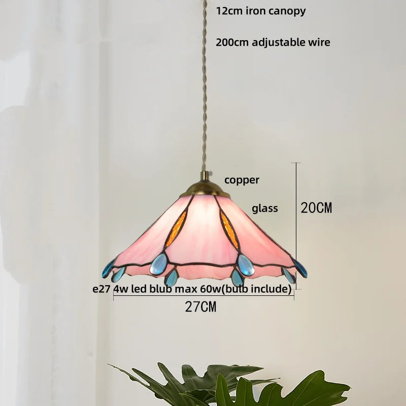 Afralia™ Tiffany Wood Globe LED Pendant Lamp for Kitchen Cafe Reading, Gold Copper Blue Glass