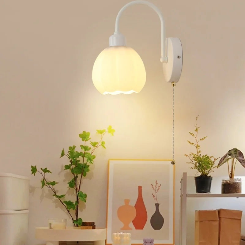 White Glass LED Wall Lights Modern Simple Pull Chain Switch Iron Stair Light
