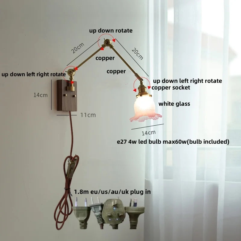 Yellow Glass LED Wall Sconce Walnut Wood Bedside Lamp