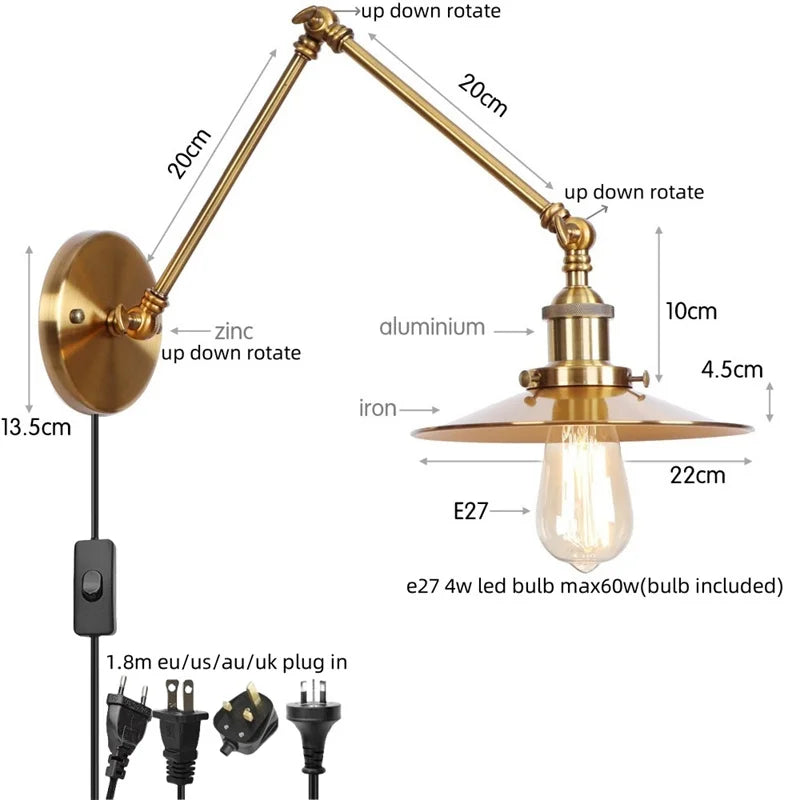 Vintage Industrial Long Arm Adjustable LED Wall Sconce Pull Chain Switch Bedside Lamp