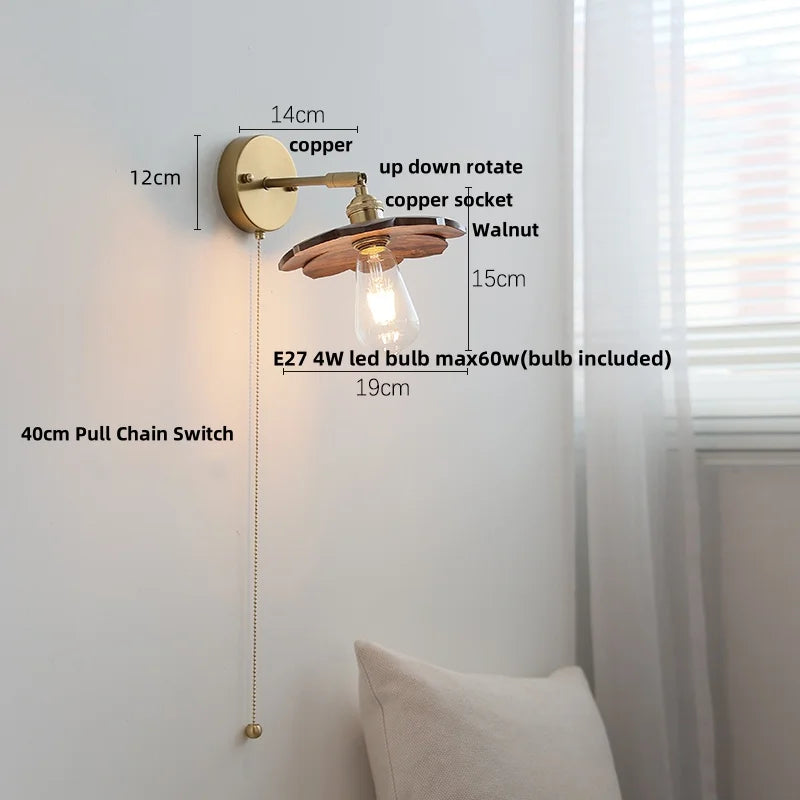 Walnut Wood LED Wall Sconce, Pull Chain Switch, Copper Socket, Bedroom Aisle Hallway