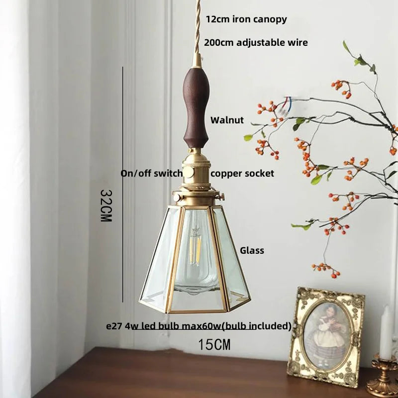 Walnut Wood & Copper Glass Pendant Light Fixture, LED Dining Room Luminaire