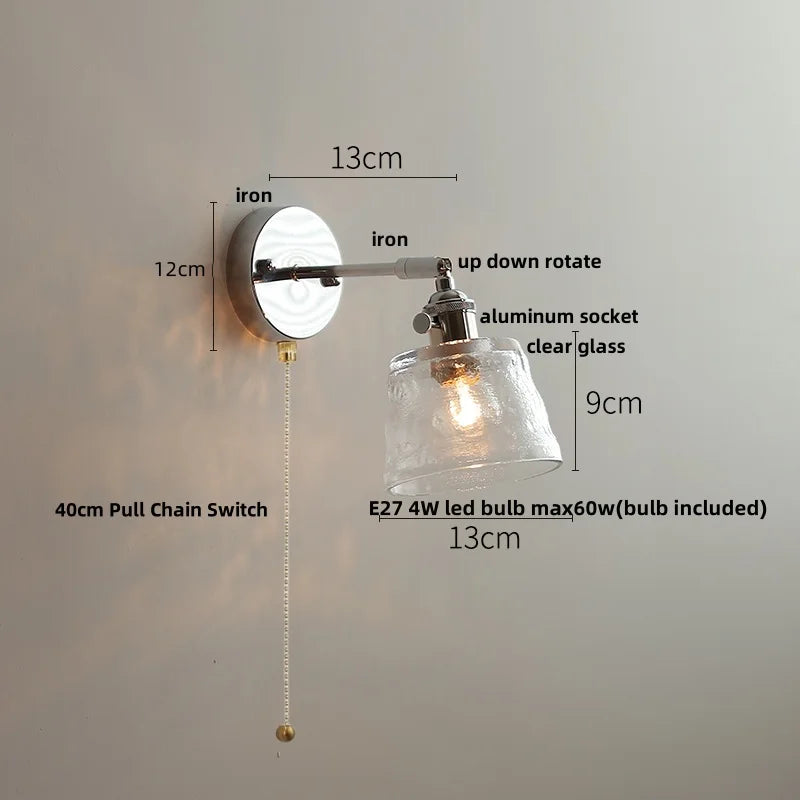 Afralia™ Iron Rotate LED Wall Light Modern Pull Chain Switch Clear Glass Wandlamp