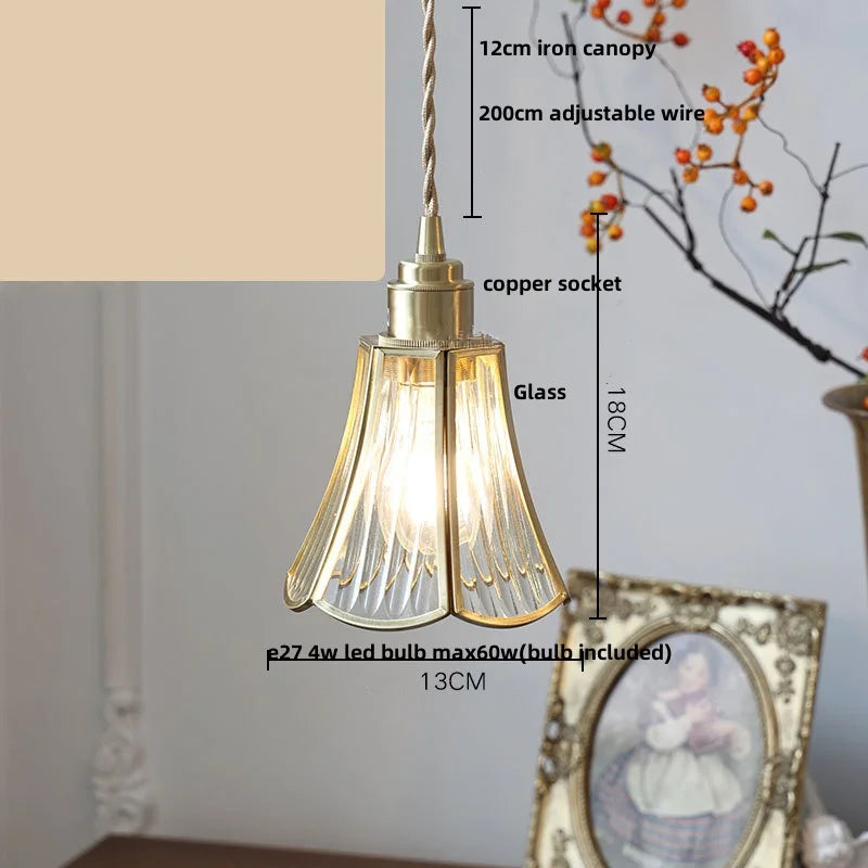 Walnut Wood & Copper Glass Pendant Light Fixture, LED Dining Room Luminaire