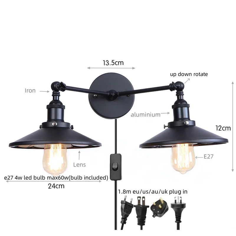 Vintage Gold Industrial Wall Lights with Pull Chain Switch and 2 Heads