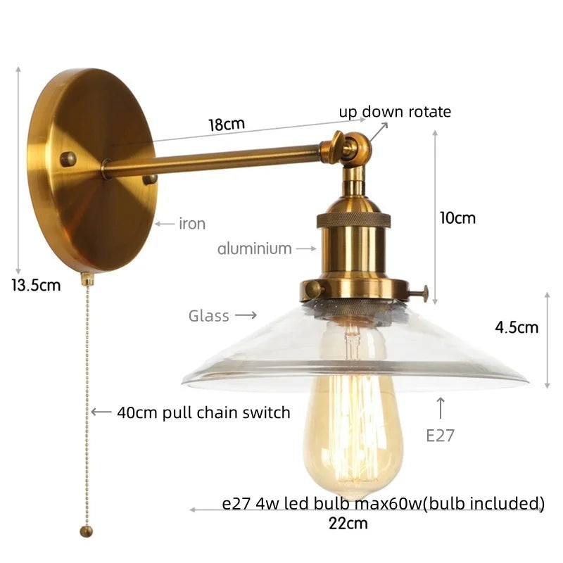 Vintage Industrial LED Wall Lamp with Clear Glass Shade