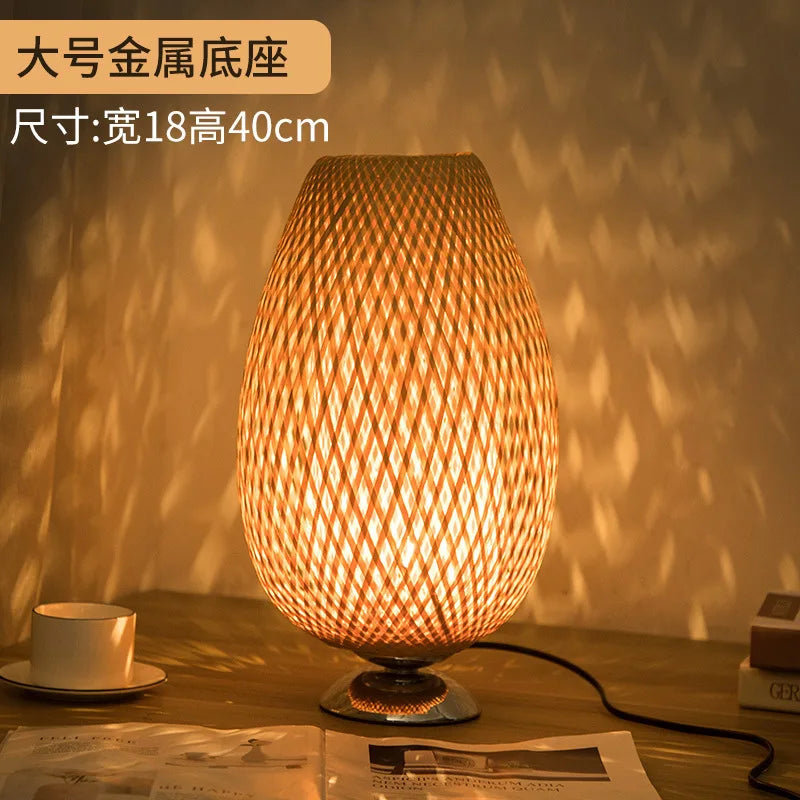 Handcrafted Bamboo Table Lamp with Wood Rattan Lampshade