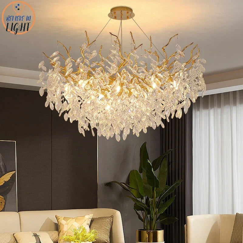 Gold Crystal Chandeliers for Dining Room Branch Hanging Lamp Large Lighting