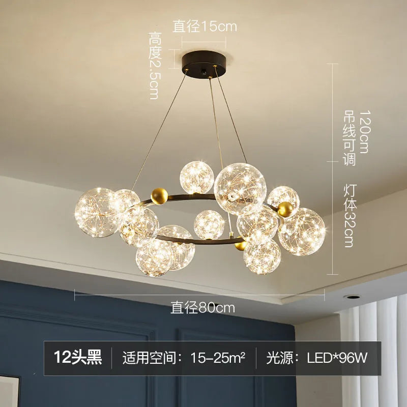 Golden Ring Glass Ball Chandelier with Remote Control for Living Dining Room