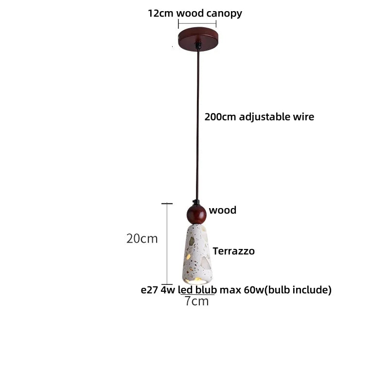 Terrazzo Brown Wood LED Pendant Light Fixture Stone Hanging Lamp