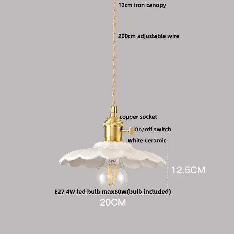 White Ceramic LED Pendant Lamp with Copper Switch - Flower Hanging Light