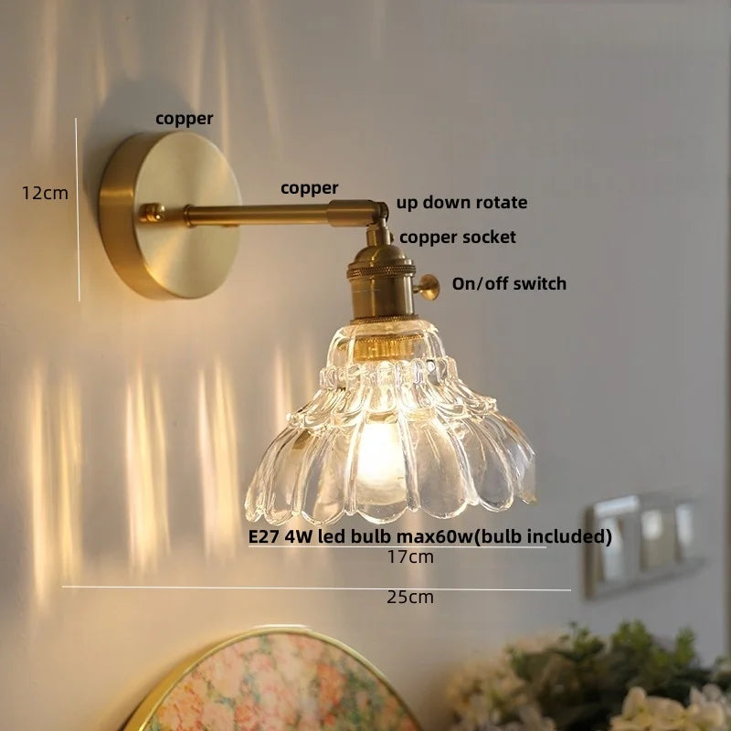 Flower Glass Pull Chain Wall Sconce, Rotatable Copper LED Stair Light