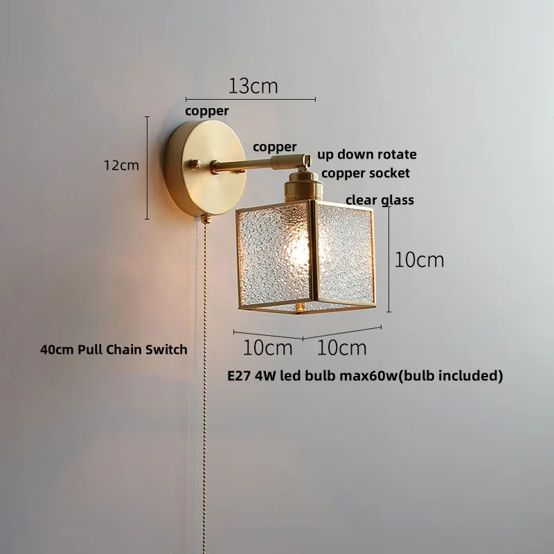 Glass LED Wall Light with Pull Chain Switch, Rotating Japanese Style Bedside Lamp
