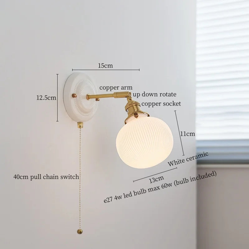 White Glass LED Wall Lights Pull Chain Switch Copper Arm - Bedroom Stair Living Room Mirror Bedside Lamp