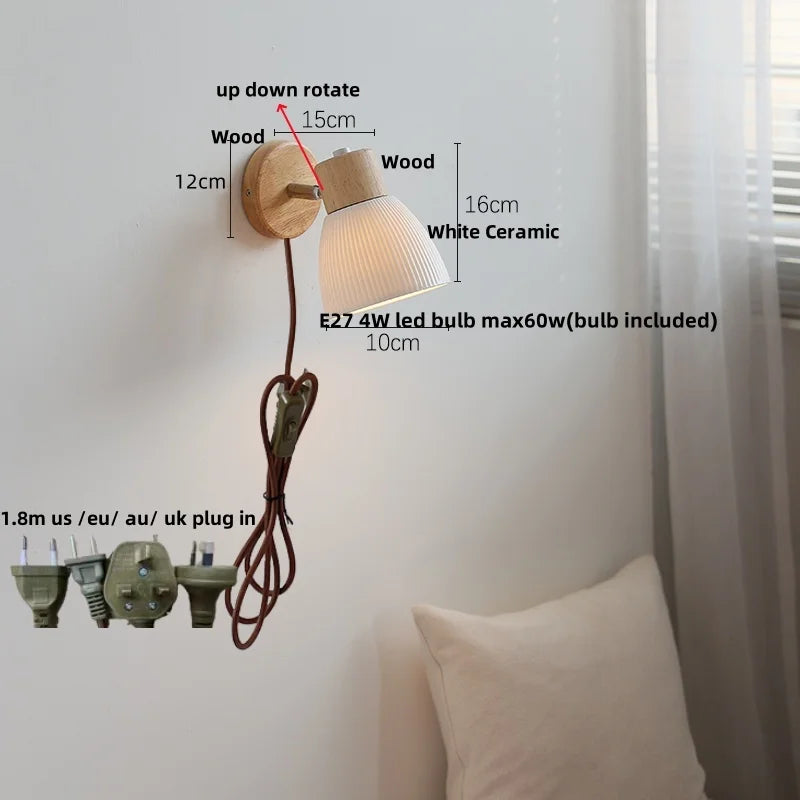 Afralia™ White Ceramic LED Wall Light with Pull Chain Switch and Wood Base