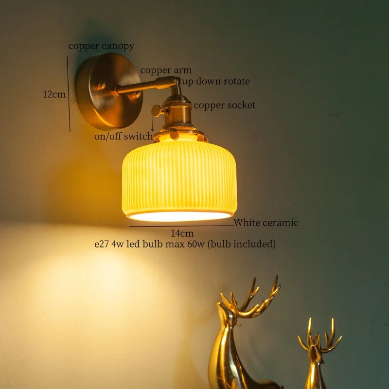 Afralia™ Brass Ceramic LED Wall Light | Nordic Modern Bedside Lamp for Bedroom, Bathroom, and Sofa