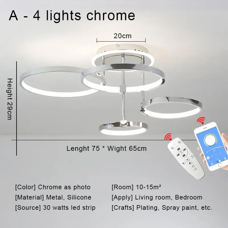 Modern Chrome Ceiling Chandelier LED Light Fixture with Remote Control for Home Decor
