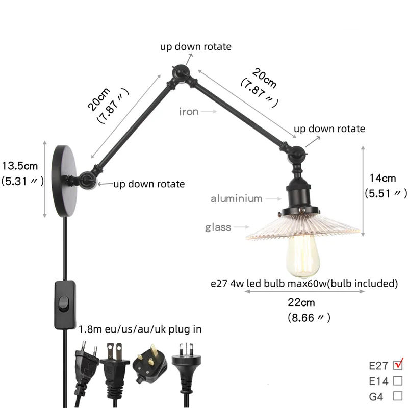 Clear Glass Swing Arm Wall Light Fixture for Dining Living Room Cafe