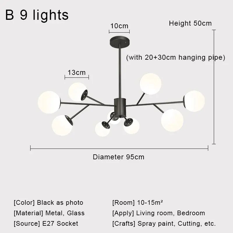 Nordic Black Glass Ball Ceiling Chandelier for Living Room Kitchen Bedroom Dining Home Décor