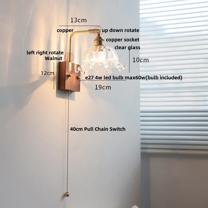 Walnut Glass LED Wall Light: Modern Brass Rotatable Bedside Lamp