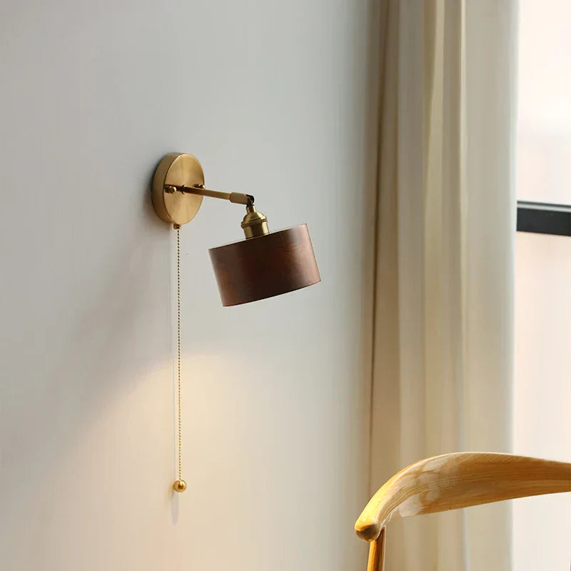 Walnut Wood LED Wall Lamp Sconce Rotatable Up Down Pull Chain Switch Canopy
