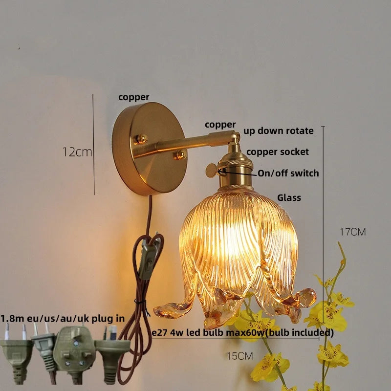 Vintage Glass Wall Sconce - LED Pull Chain Switch Up Down Rotate Wall Lamp