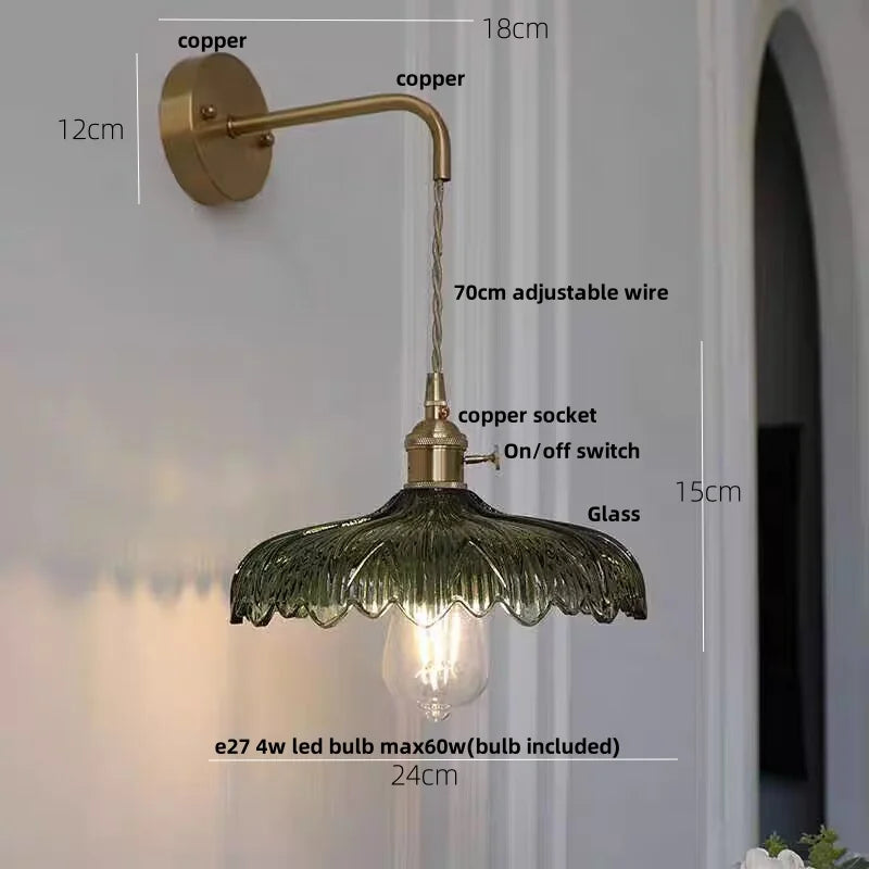 Amber Vintage LED Wall Light Glass Copper Pull Chain Switch Hallway Lamp