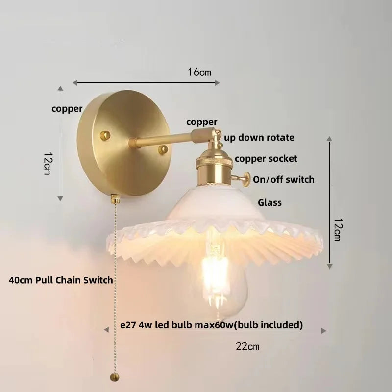 Vintage Green Glass LED Wall Light with Pull Chain Switch
