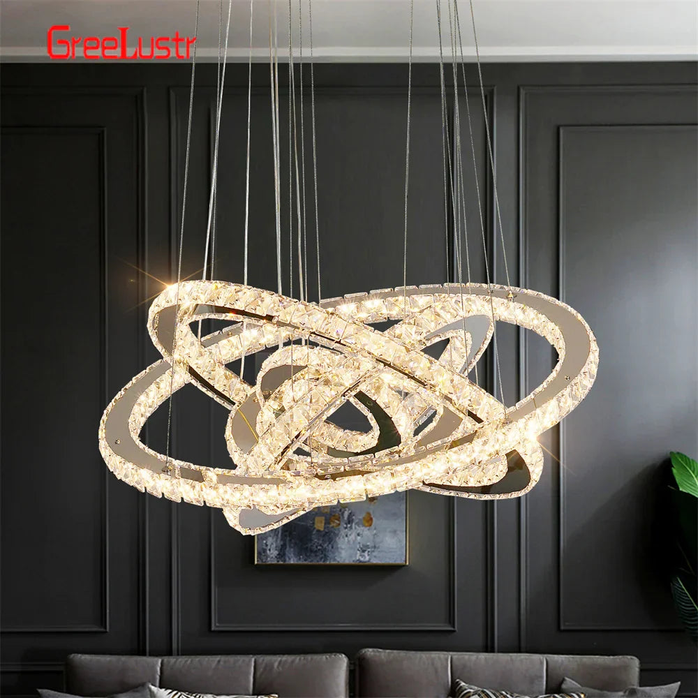 Crystal Chrome LED Pendant Light Rings Chandelier for Living Room Bedroom