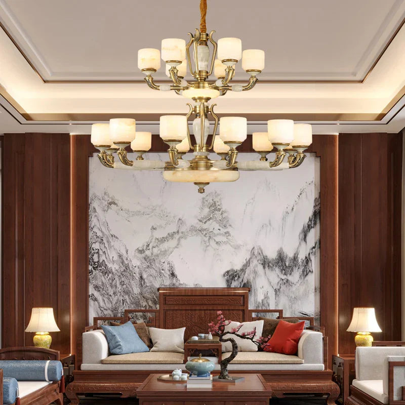 Zinc Alloy European Chandelier with Natural Jade Accent for Villa Living Room